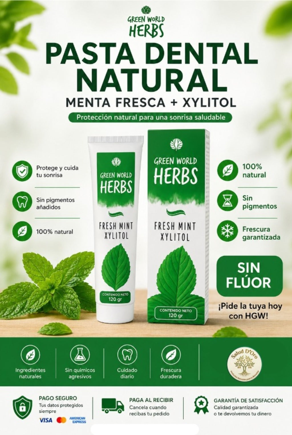 1 Pasta Dental Natural Green World Herbs SIN FLUOR